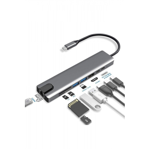 Macbook Pro Air Usb Type-c Hub Dönüştürücü Çevirici Çoklayıcı Usb Hdmı Micro Sd 8 Girişli Rj8i1new