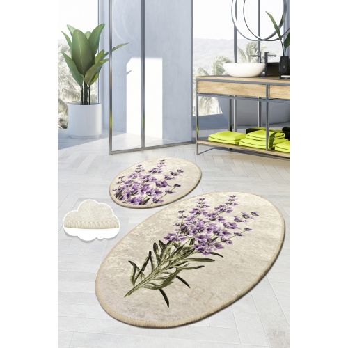 Lavender Dijital 2 Lı Set Klozet Takımı Banyo Paspas Seti Halısı Yıkanabilir