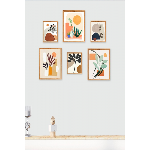 6 Parça Ahşap Çerçeve Görünümlü Dekoratif Hediyelik Boho Botanik Wall Art Mdf Tablo Seti