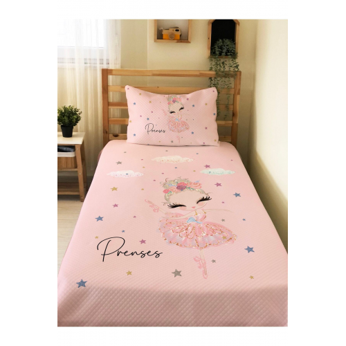 Balerin Kız Desenli Bebek Ve Çocuk Baskılı Tek Kişilik Pike Takımı 160x230 Pembe