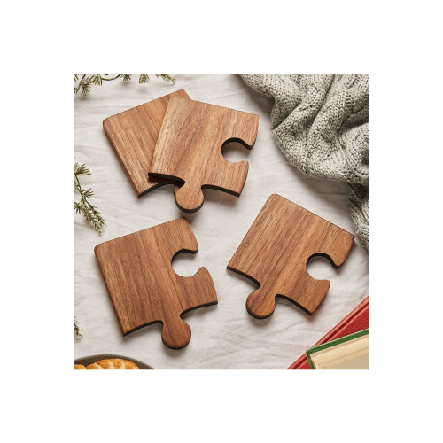 Ahşap Desenli Puzzle Mdf Bardak Altlığı 4'lü Set 10x10 Cm Masaüstü Dekorasyon Eşyası