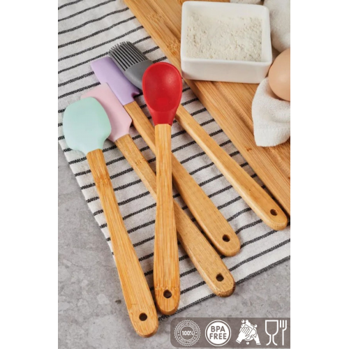 5 Parça Mini Silikon Spatula Kaşık Fırça Seti - High Quality - Bambu Saplı