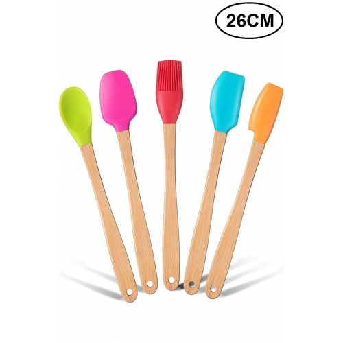 Indigo 5 Li Renkli Bambu Silikon Spatula Seti Uzun 26 cm