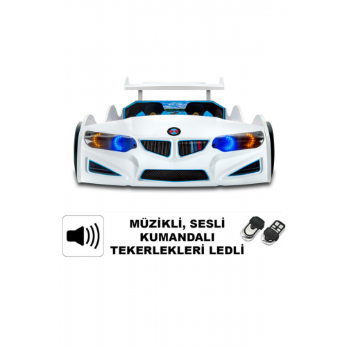 Bmw - Full - Araba Karyola - Tekerleri Ledli - Beyaz