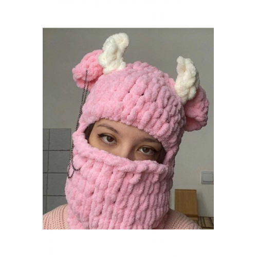 Sevimli Beyaz Boynuzlu Pembe Puffy Bere&Maske, Balaklava, 52 cm Çap 60 cm Uzunluk,El Yapımı